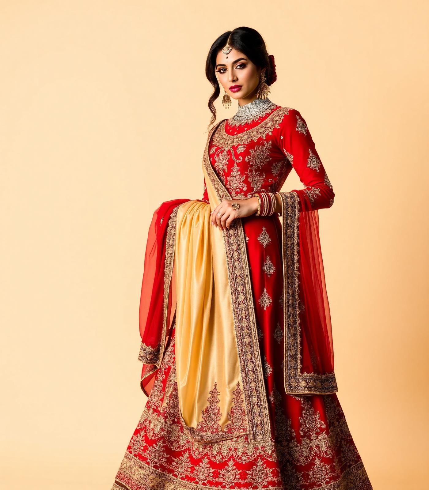 Model in red and gold anarkali suit by Vastraa